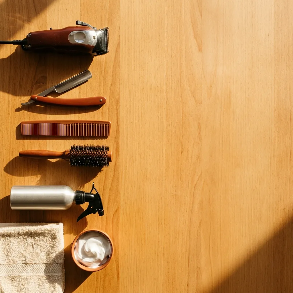 Barber tools laid out on a wooden counter
